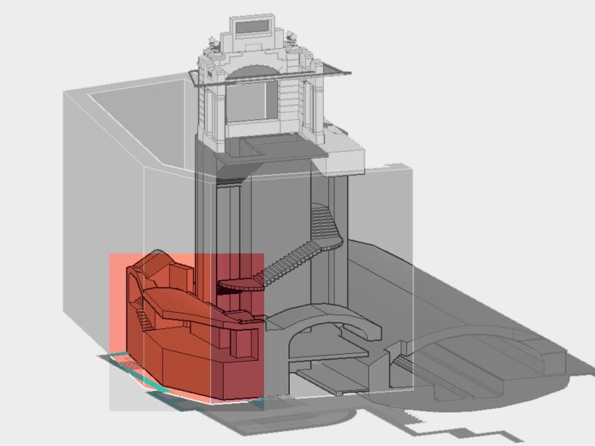 En rojo, la zona que corresponde con la afección al vestíbulo de 1934, coincidente con la foto de apertura de esta noticia.