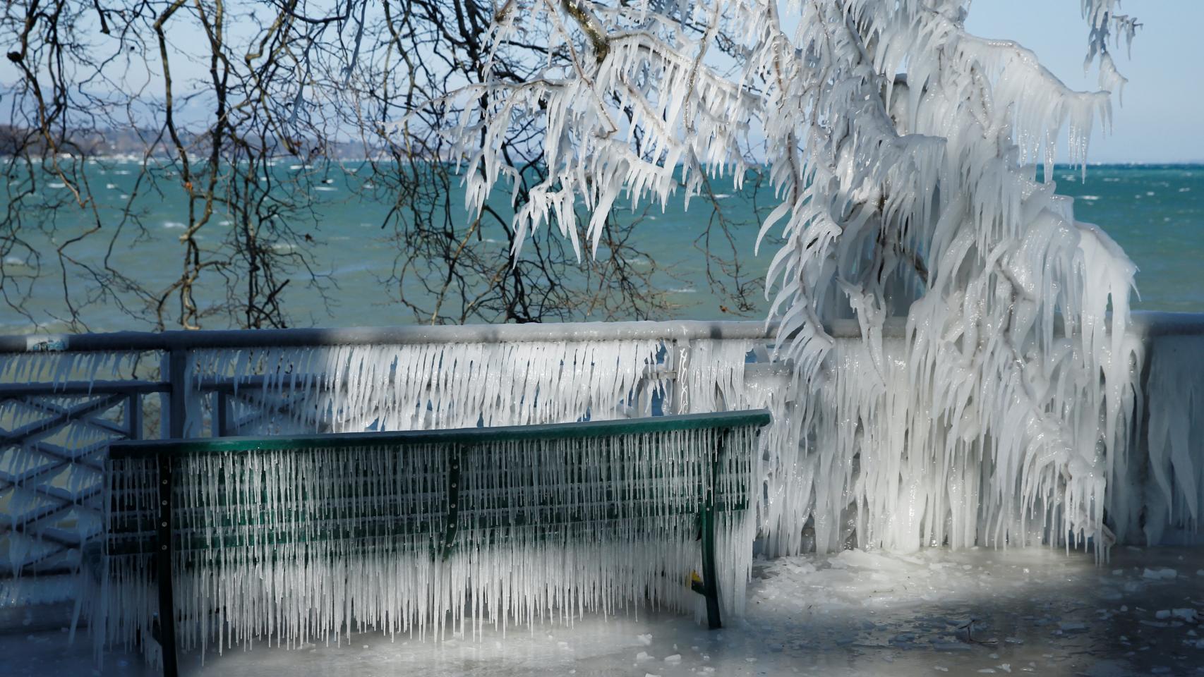 Salpicaduras congeladas cubren las ramas, una verja y un banco frente al lago Leman de Ginebra. REUTERS/Denis Balibouse.