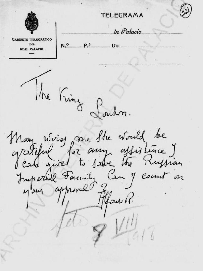 Telegrama donde Alfonso XIII pide a Jorge V su aprobación para atender la solicitud de su esposa.