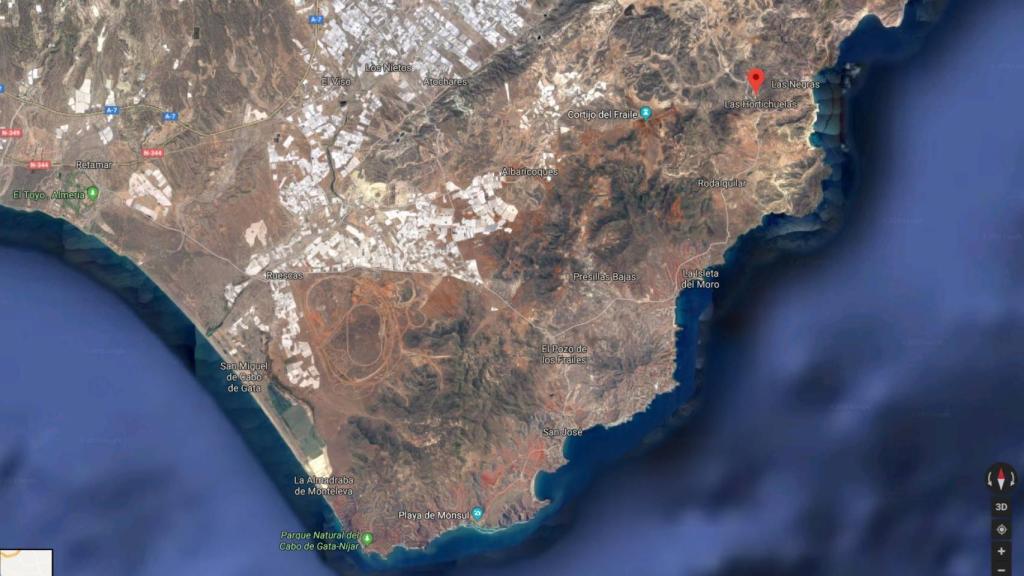 La zona en la que se realizó la búsqueda de Gabriel, y su distancia del Cabo de Gata.