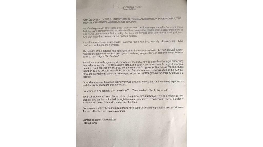 Documento de la Asociación de Hoteleros de Barcelona.