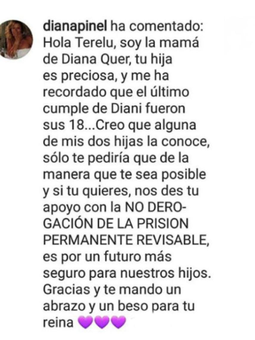 Mensaje de Diana Pinel a Terelu.