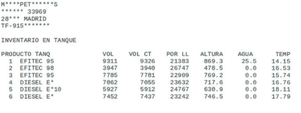Información de los tanques de una gasolinera en Madrid extraída por los peritos denunciantes.