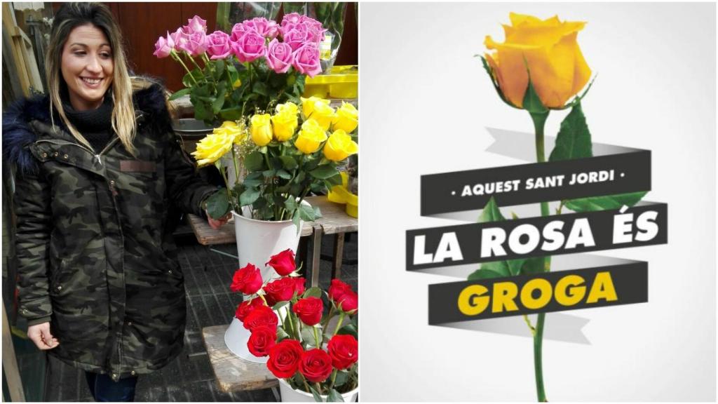 A la izquierda, una florista de La Rambla muestra sus rosas. A la derecha, el polémico cartel de Òmnium.