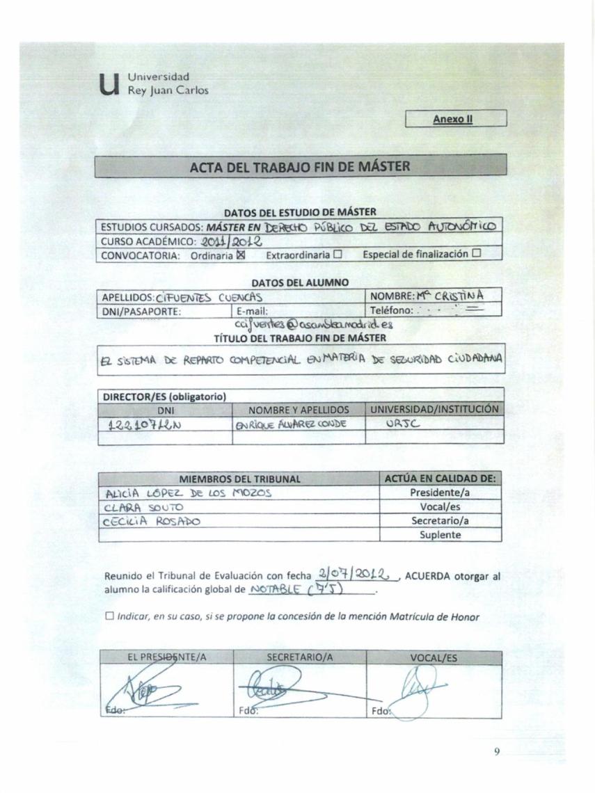 Acta del trabajo fin de máster.