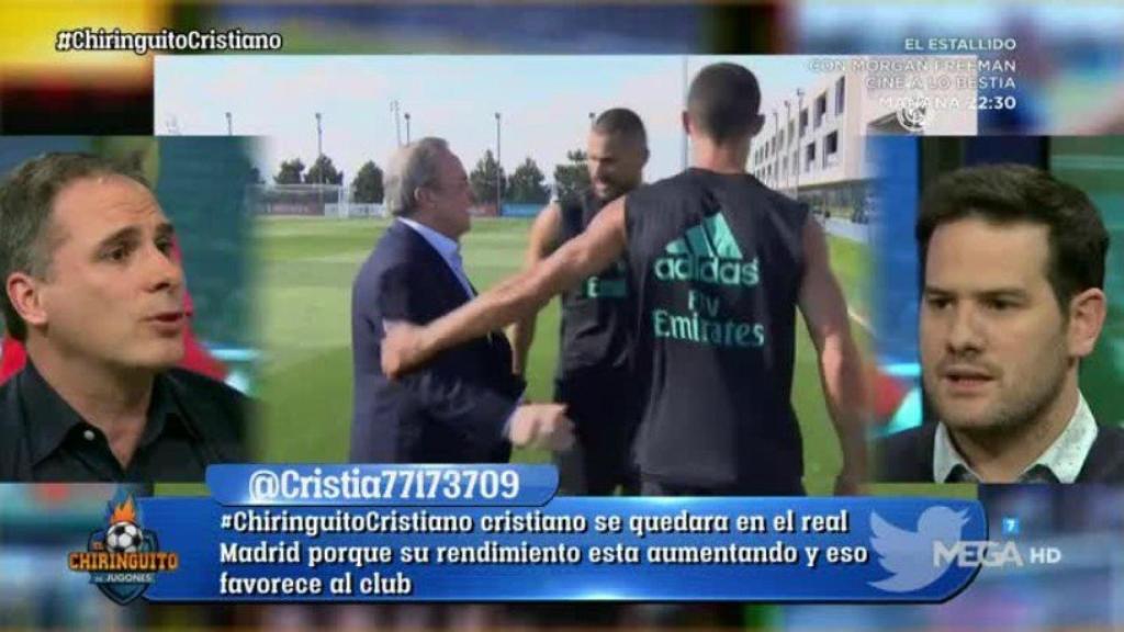 Manu Sainz debate con Quim Domènech en El Chiringuito. Foto: Twitter (@elchiringuitotv)