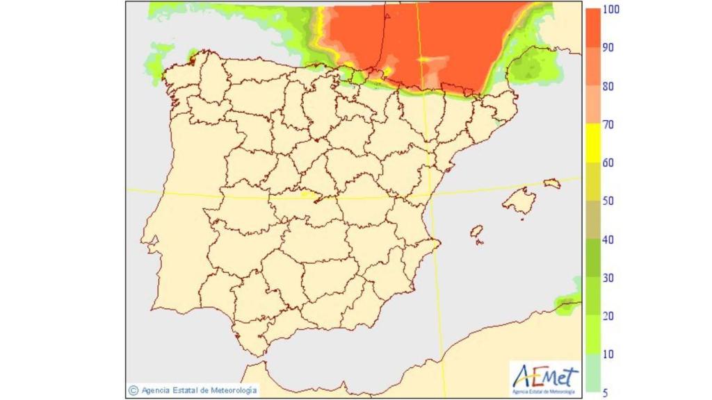 Probabilidades de precipitaciones superiores a 2 MM en la Península el martes 27 de marzo.
