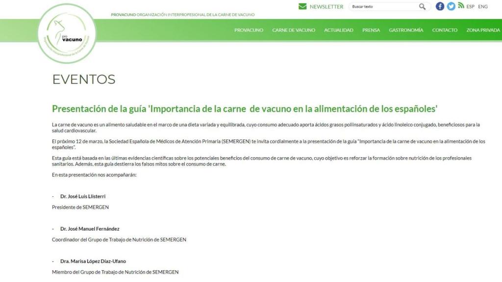 Anuncio de la presentación en la web de Provacuno.