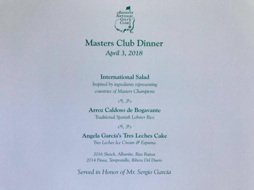 El menú de la cena de campeones de 2018 con Sergio García como anfitrión.