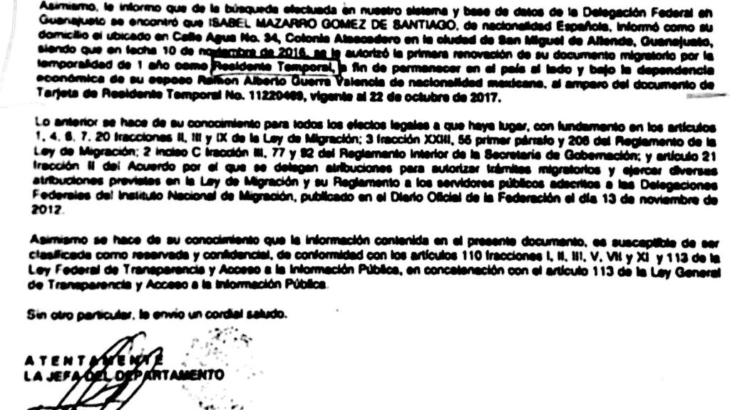 Documento en el que se refleja el tipo de residencia de Isabel Mazarro en México.