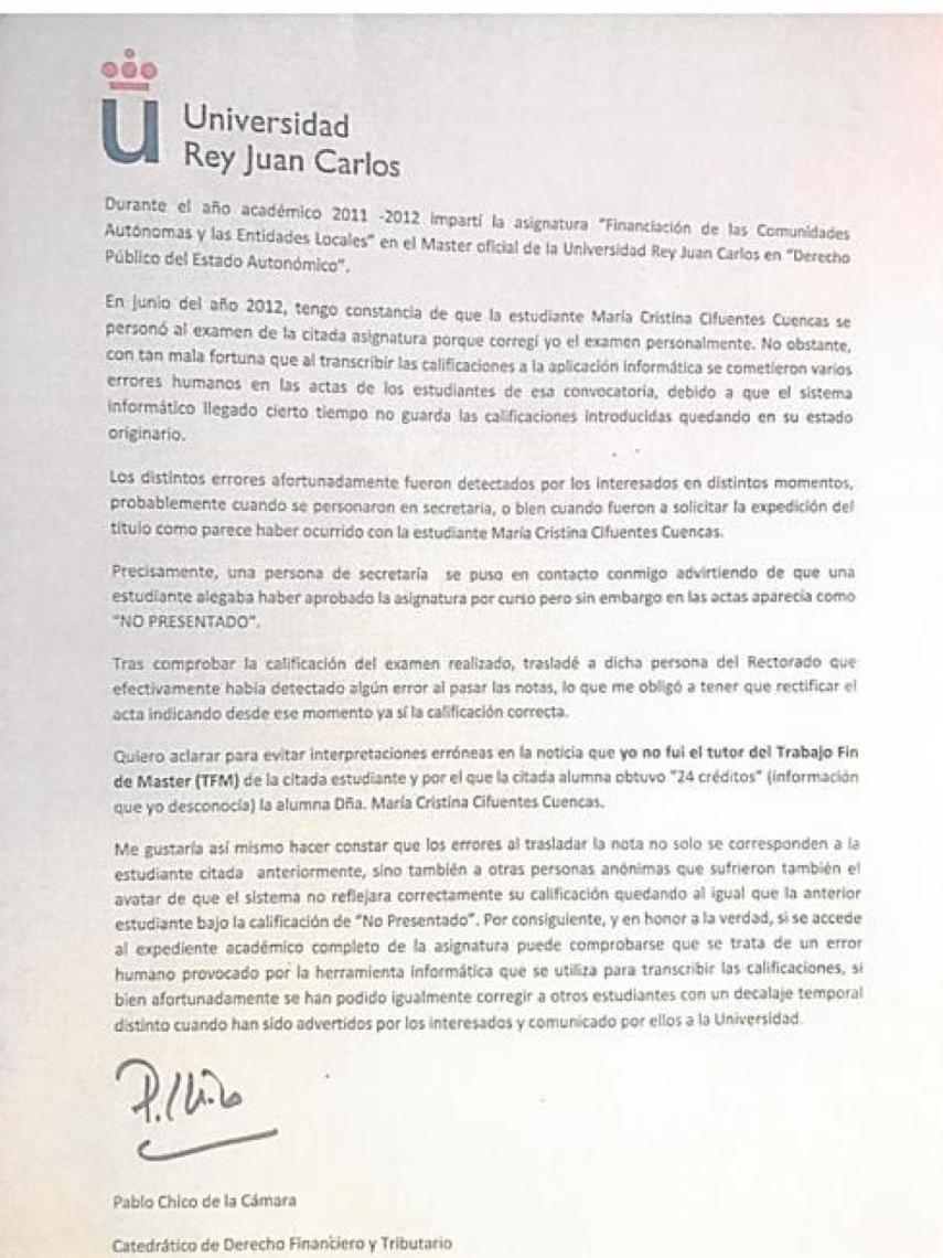 Esta es la carta que firmó el profesor Chico.