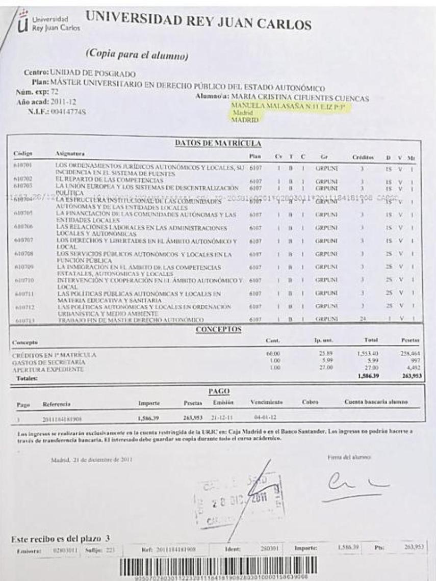 Resguardo de la matrícula que mostró Cifuentes.