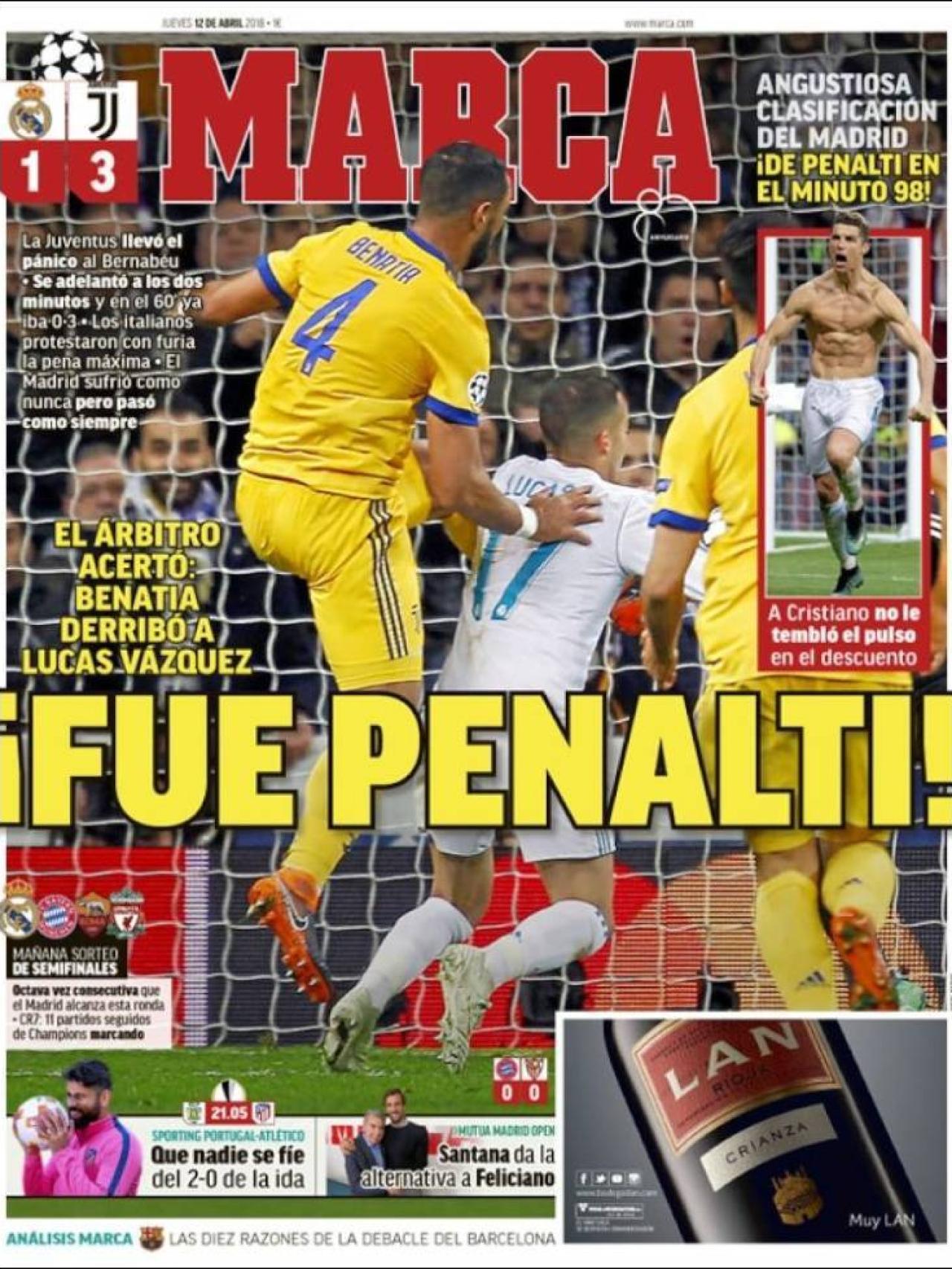 '¡Fue penalti!', titula MARCA sobre la gran polémica del Real Madrid - Juventus.