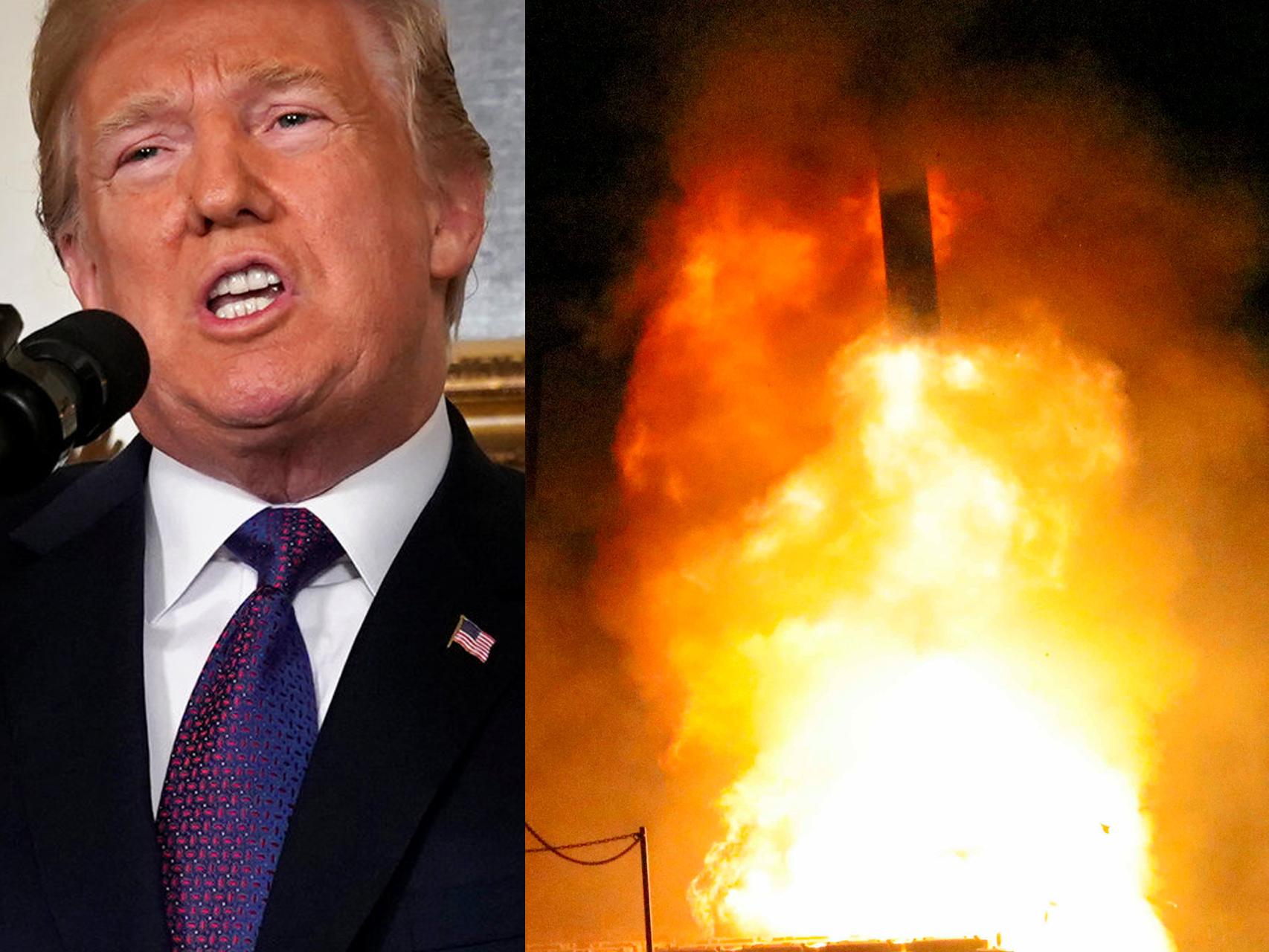 Donald Trump, junto al lanzmiento de uno de los misiles desde un buque estadounidense.