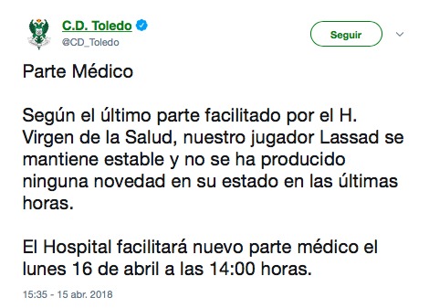 Lassad, jugador del Toledo, se encuentra estable dentro de la gravedad