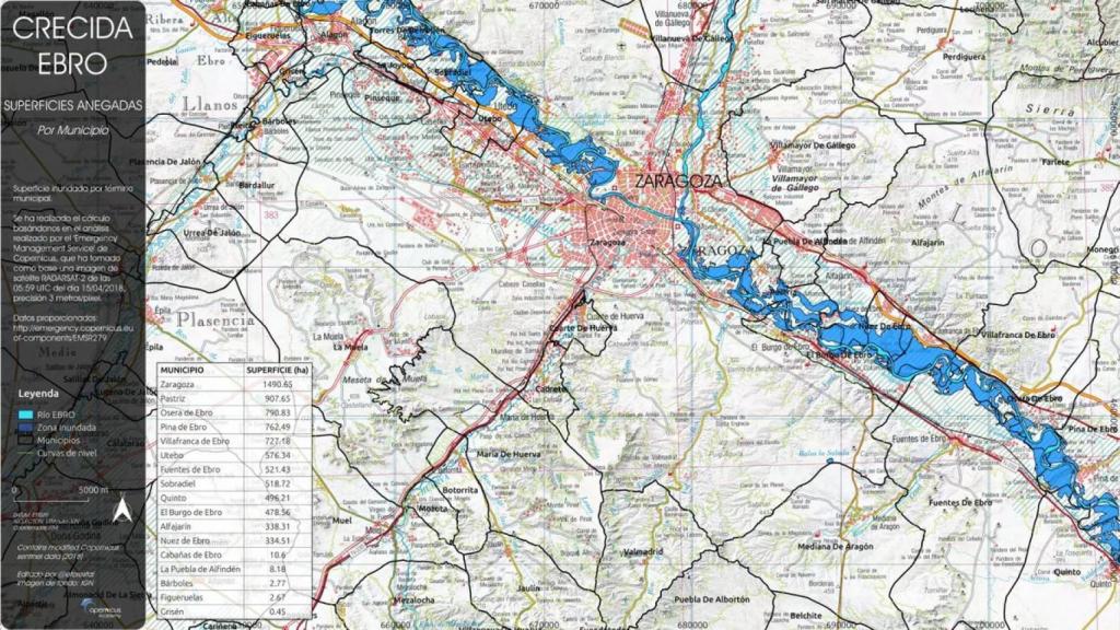 Superficie anegada por la crecida del Ebro a su paso por Zaragoza, en base a datos de CopernicusEMS.