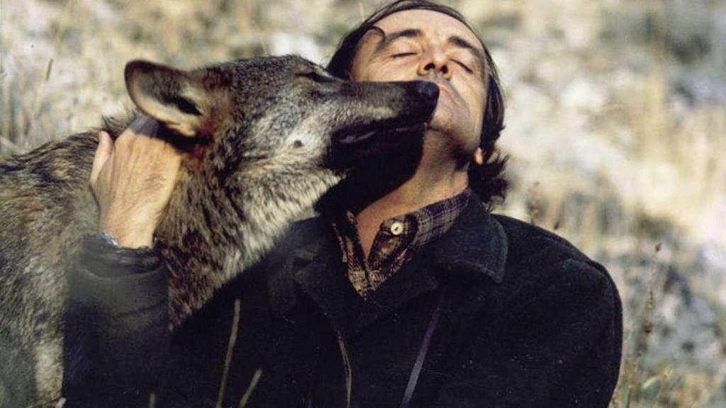 Félix Rodríguez de la Fuente con un ejemplar de lobo ibérico.
