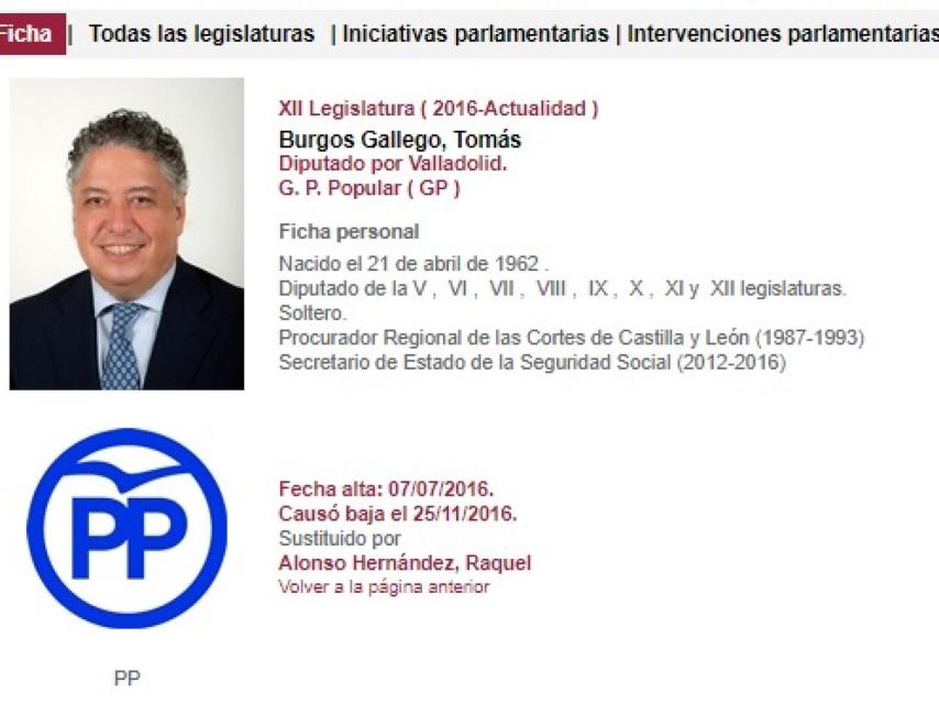 La ficha de Burgos en la que sólo figura la soltería, además de la trayectoria política.