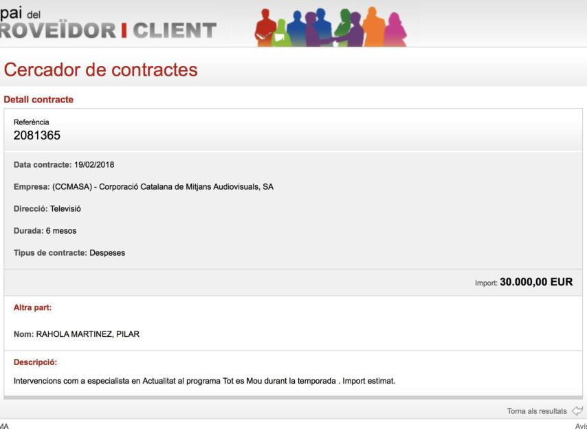Captura de pantalla del pago a Pilar Rahola por su participación en el programa Tot es mou de TV3.