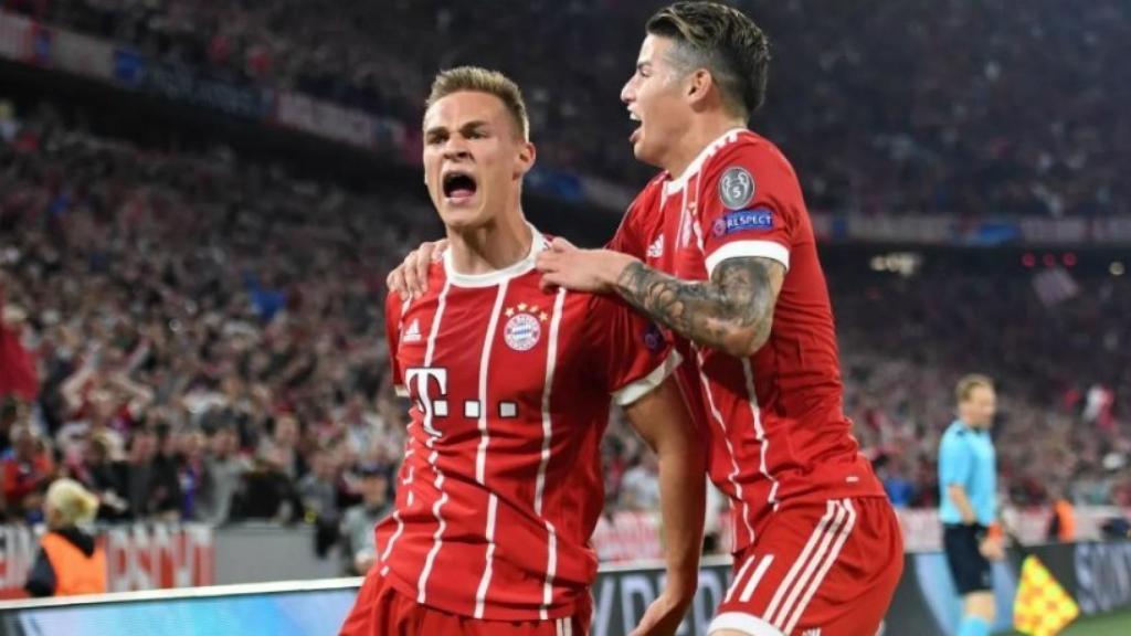 Kimmich celebra su gol ante el Real Madrid con James. Foto: fcbayern.com