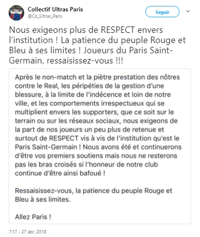Mensaje de los ultras del PSG