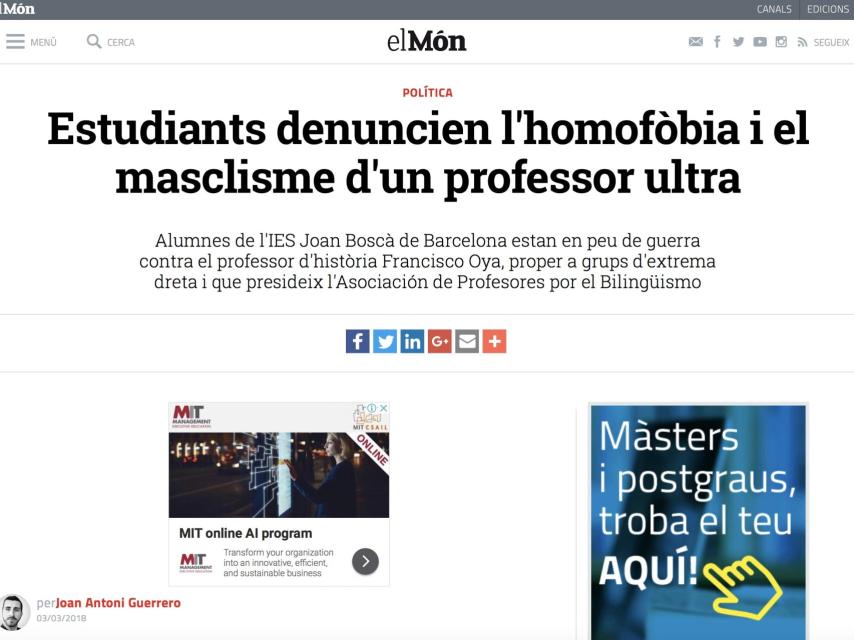 Captura de pantalla de la noticia del diario El món en la que se acusa de ultra al profesor Francisco Oya.