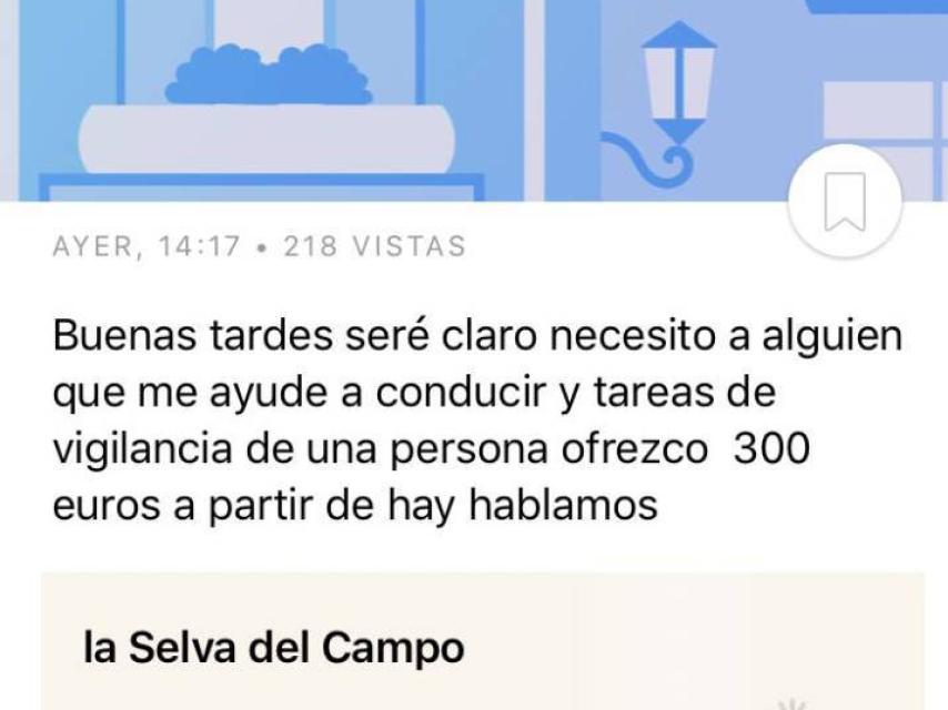 Pantallazo del anuncio que el detenido colocó en Job Today.
