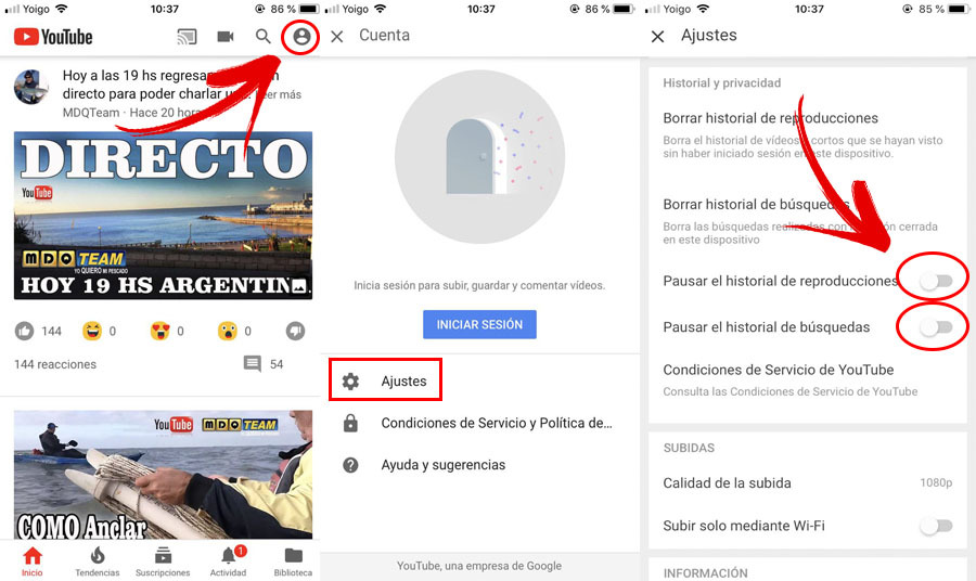 modo incognito youtube app ios