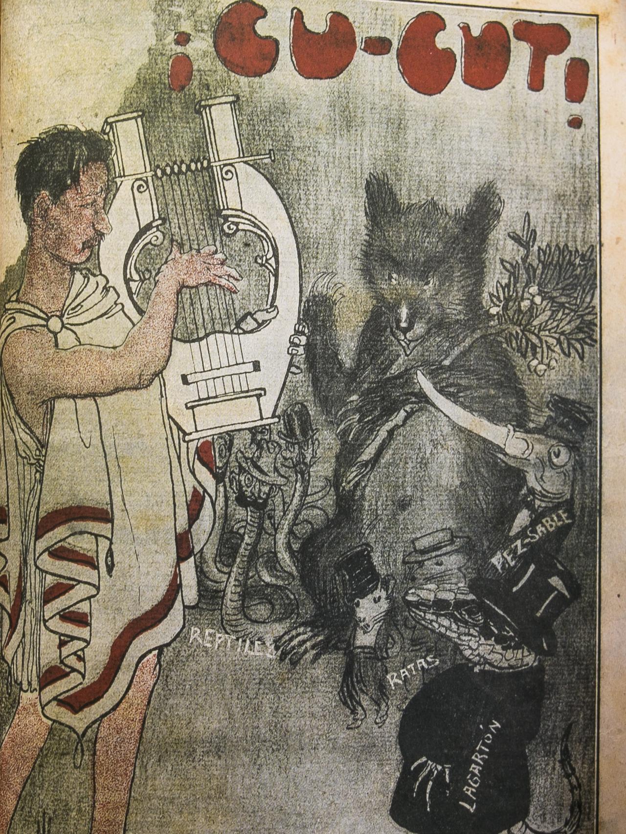 Portada del Cu-Cut en la que se ve al director del Orfeón Catalán, arpa en mano, ante las 'bestias' de Madrid.