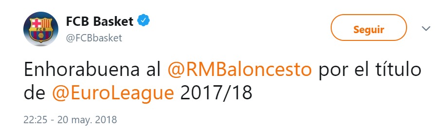 El Barcelona felicita al Real Madrid por la Euroliga