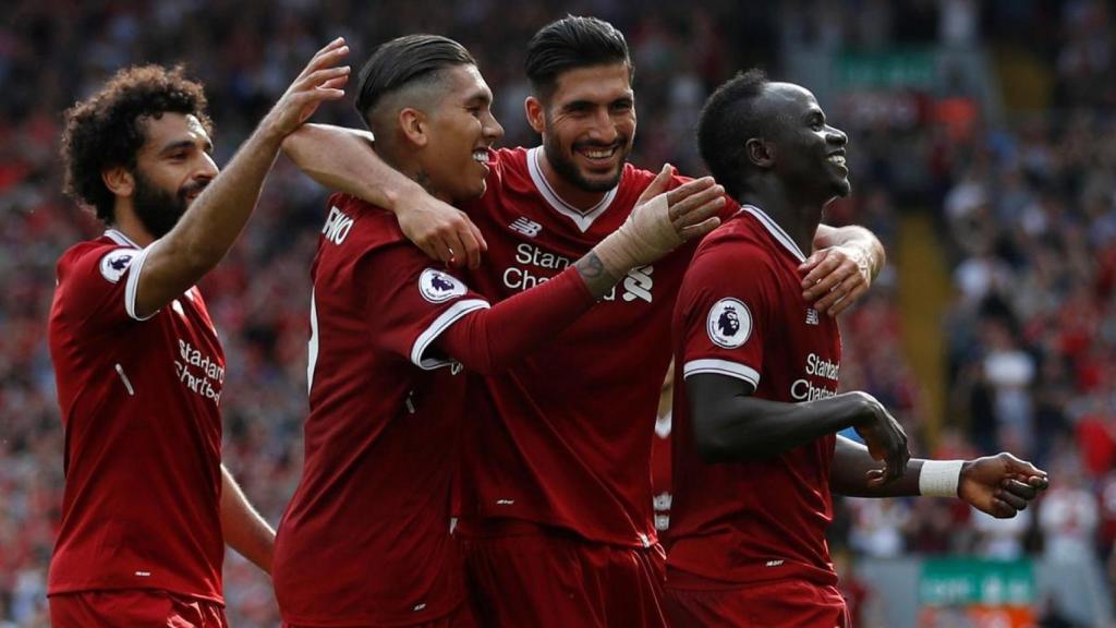 Firmino, Mané y Salah celebran un gol.