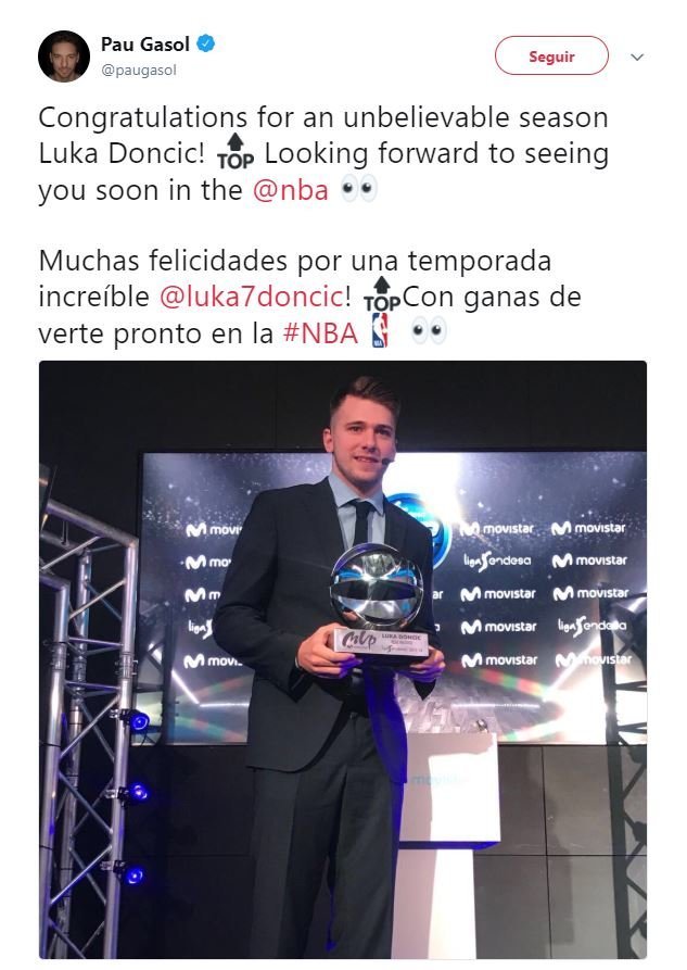 Pau Gasol le envía un tuit a Doncic.