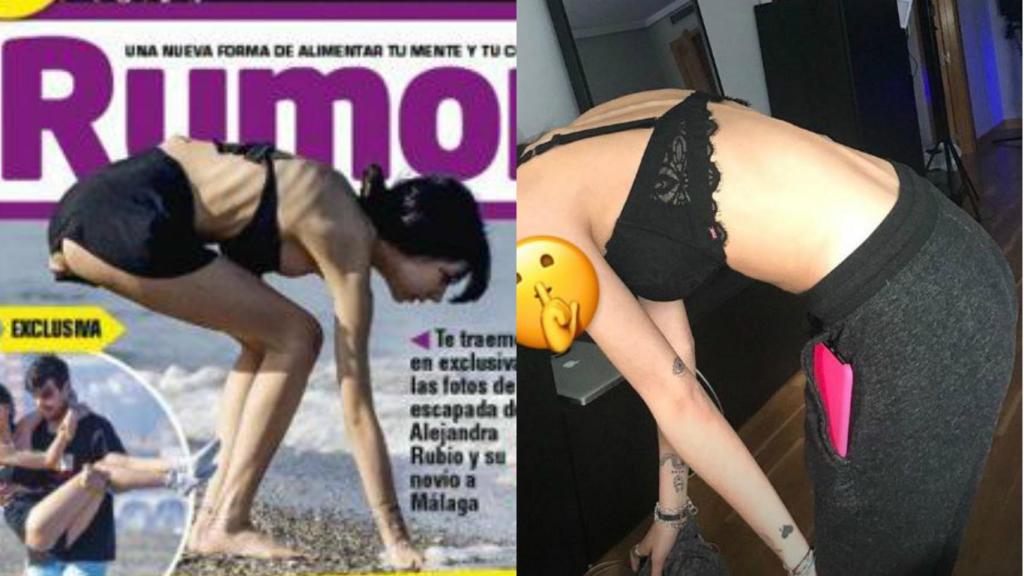 La portada a la izquierda y Alejandra recreando la imagen a la derecha.