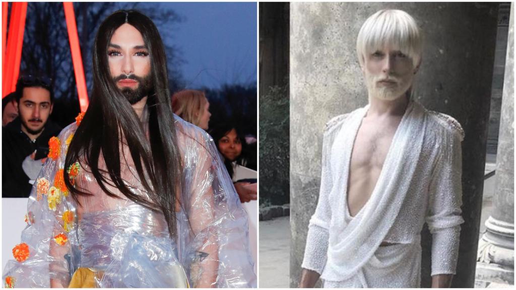 Conchita en una actuación de hace meses (izd), la cantante con su nuevo 'look' (dcha) en un fotomontaje de Jaleos.