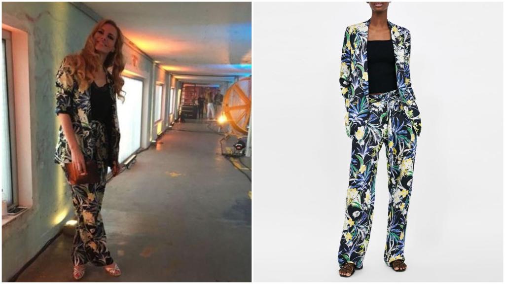 Paula Vázquez en un montaje junto al traje.