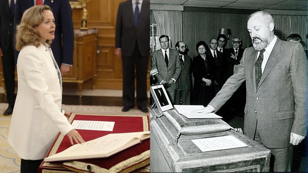 El juramento de los Calviño: a la izda, Nadia como ministra; a la dcha, José María como director de TVE.