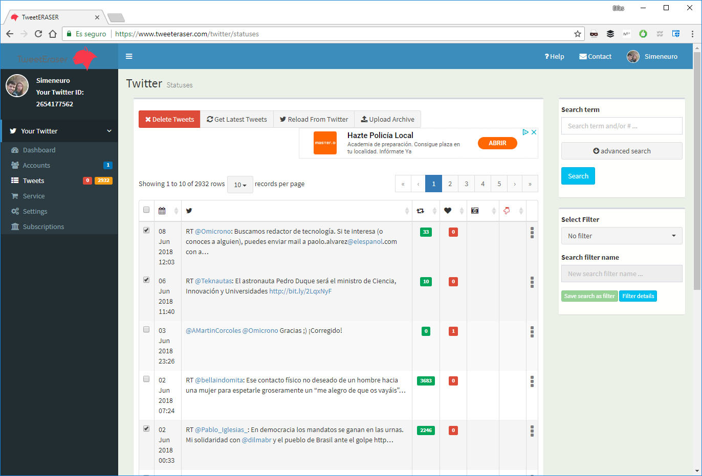 borrar tuits de forma manual de forma masiva twitter