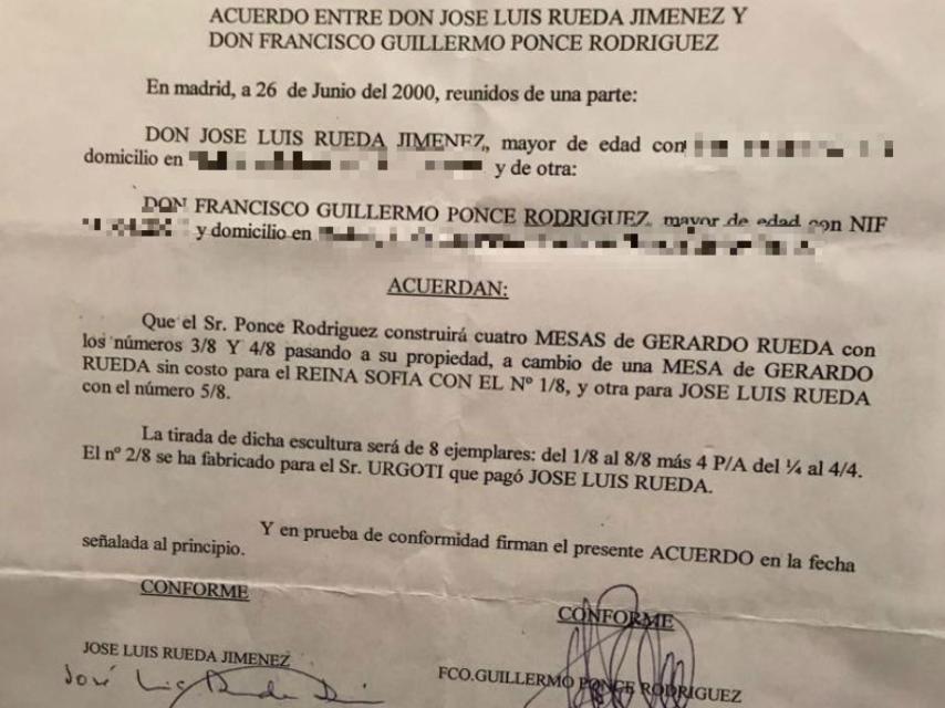Contrato para la elaboración de obra póstuma entre el heredero de Gerardo Rueda y el Reina Sofía.