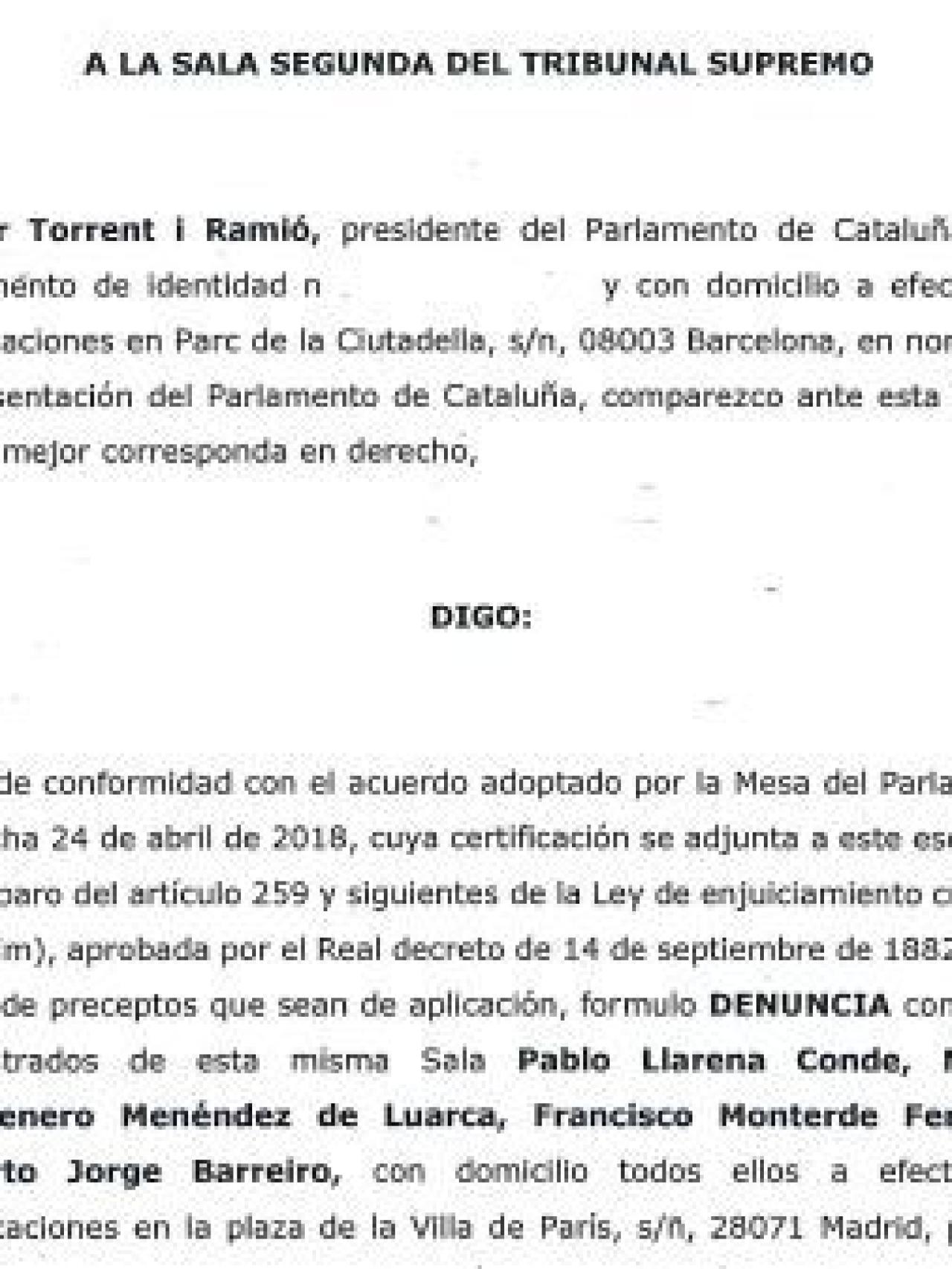 Primer folio de la denuncia de Torrent./