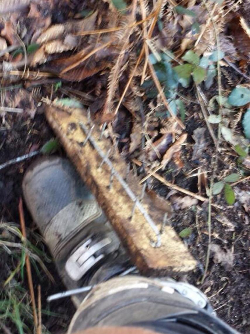 Un tablón de madera con clavos incrustados encontrado en un monte gallego.