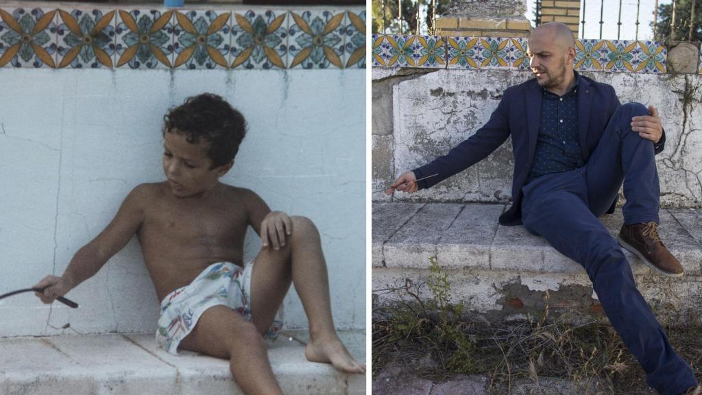 a la izquierda, Francisco, de pequeño, en la piscina de la casa de su por entonces padrino, el doctor Muñoz Cariñanos. En la derecha, en el mismo lugar en la actualidad. Fotos CEDIDA - Fernando Ruso