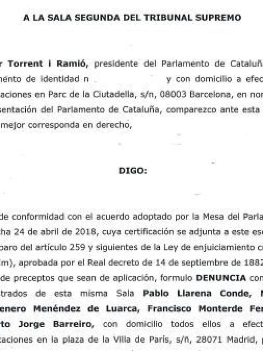 Primer folio de la denuncia de Torrent./