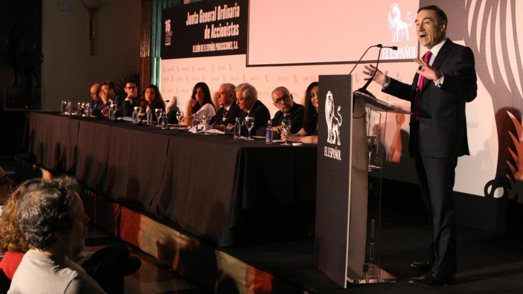 Pedro J. Ramírez durante su discurso ante la Junta de Accionstas de EL ESPAÑOL.