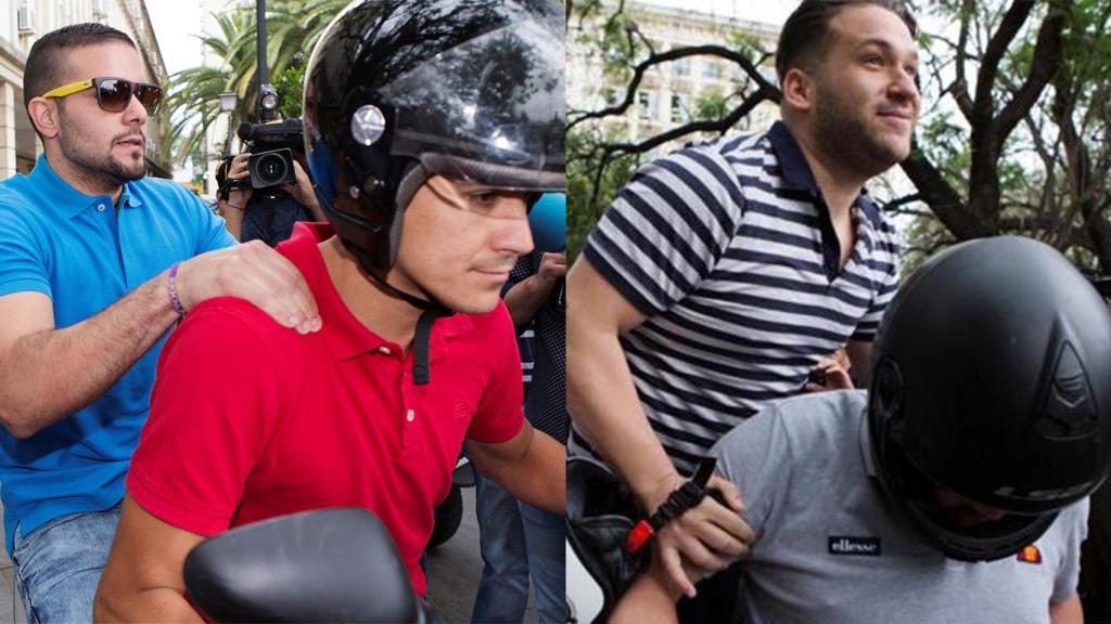José Ángel Prenda y Ángel Boza abandonan los juzgados en moto este lunes.