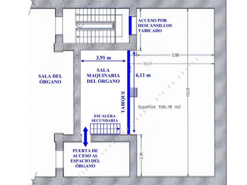 Croquis del local de la maquinaria del órgano y situación de acceso a las distintas plantas.
