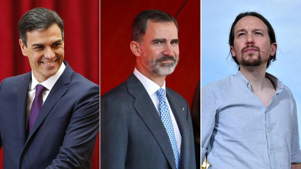 Pedro Sánchez, Felipe VI y Pablo Iglesias.