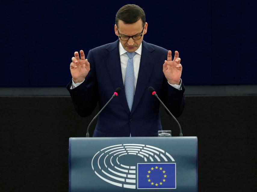 El primer ministro polaco, Mateusz Morawiecki, durante su intervención en la Eurocámara