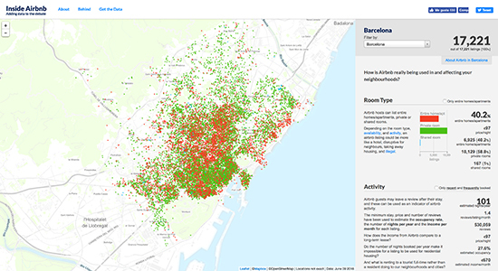 El mapa de Barcelona en Inside Airbnb, que muestra los alojamientos disponibles y ocupados en Airbnb.