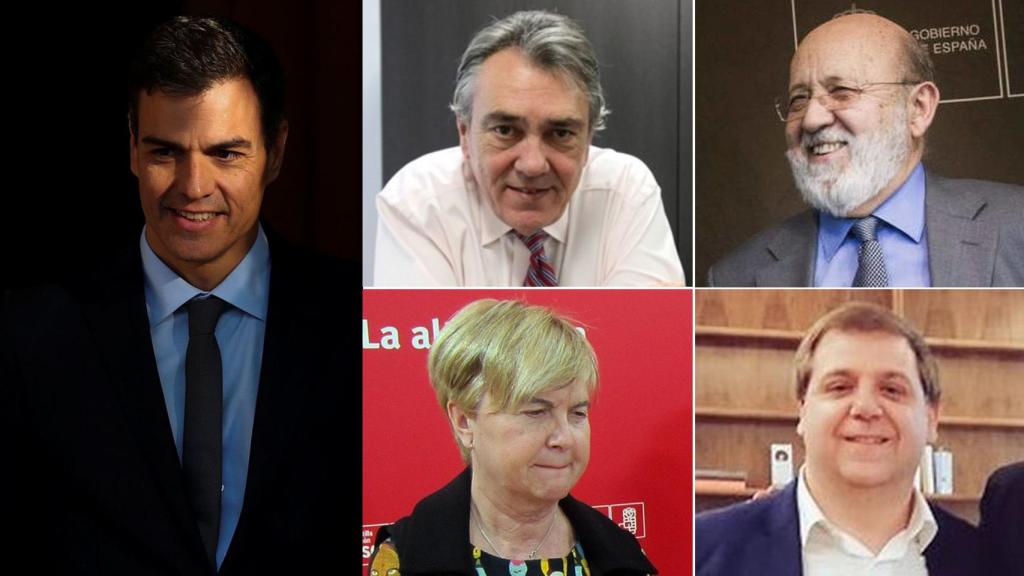 Pedro Sánchez y cuatro de sus cargos designados: Manuel Escudero, José Félix Tezanos (arriba), Isaura Leal y Juanma Serrano (abajo).