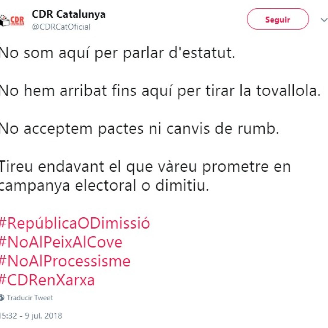 Mensaje que han colgado en sus redes sociales los Comités de Defensa de la República.